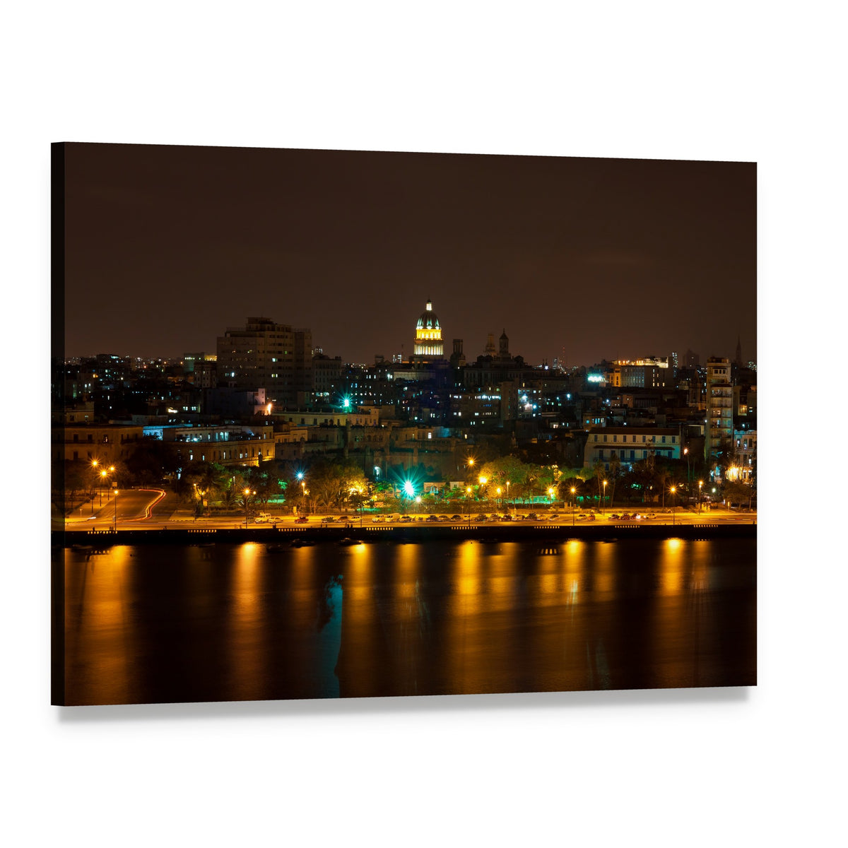 Havana Night Lights and Reflections Canvas Wall Art, single panel gallery wrapped canvas, angled product view