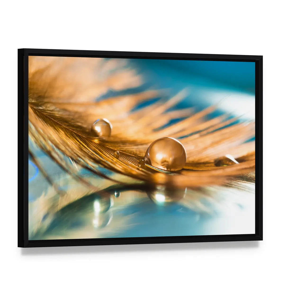 Golden Feather Of A Bird Abstract Canvas Wall Art, framed canvas in a black floater frame, angled product view
