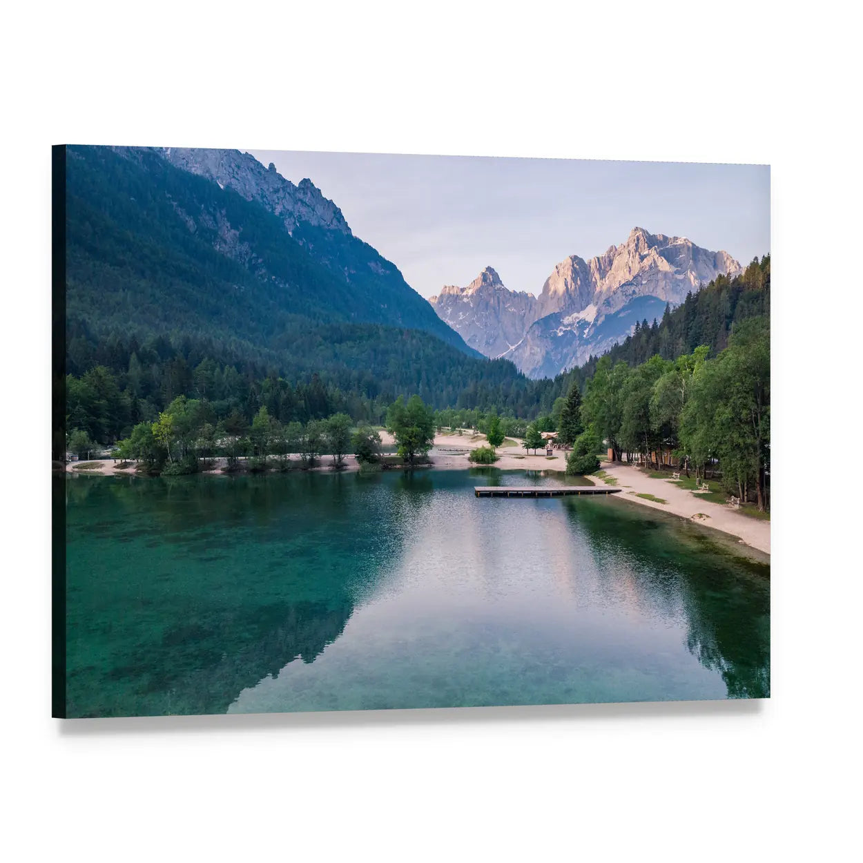 Lake Jasna Sunrise with Mountains Canvas Wall Art, single panel gallery wrapped canvas, angled product view