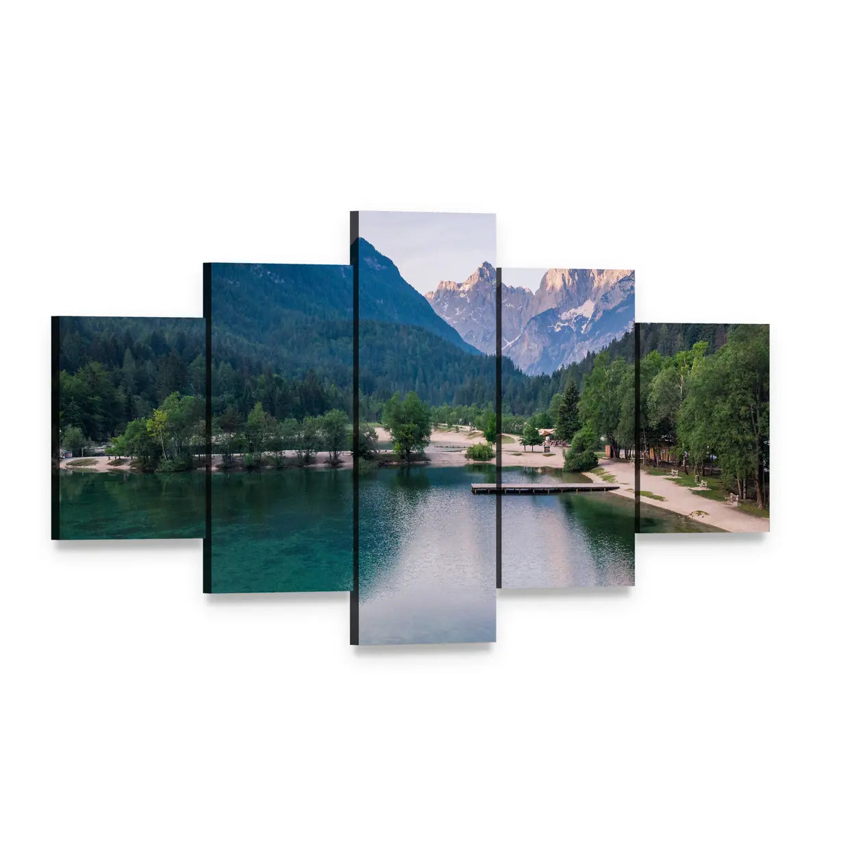 Lake Jasna Sunrise with Mountains Canvas Wall Art, 5 panel 5 Star layout gallery wrapped canvas set, angled product view