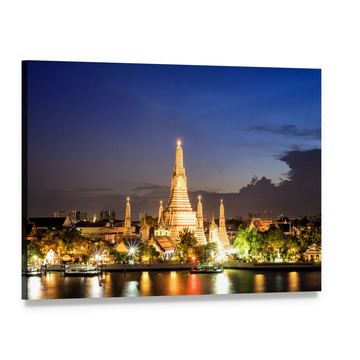 Wat Arun Temple Night Reflection Canvas Wall Art, single panel gallery wrapped canvas, angled product view