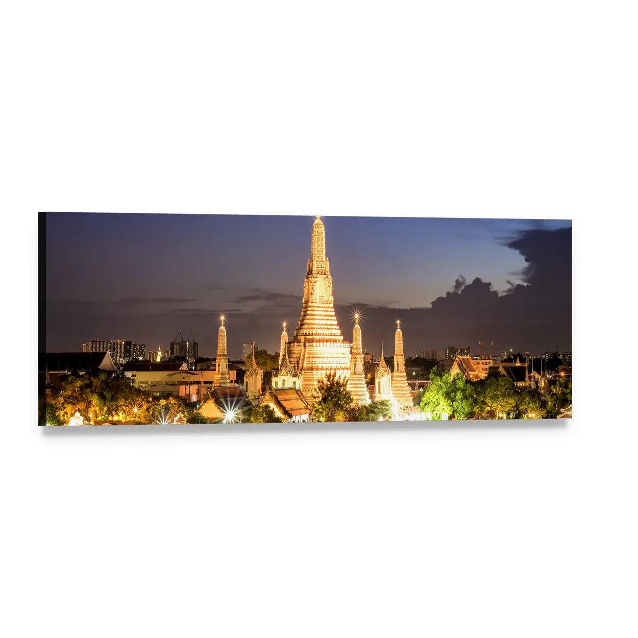 Wat Arun Temple at Night Panoramic Canvas Wall Art, single panel gallery wrapped canvas, angled product view