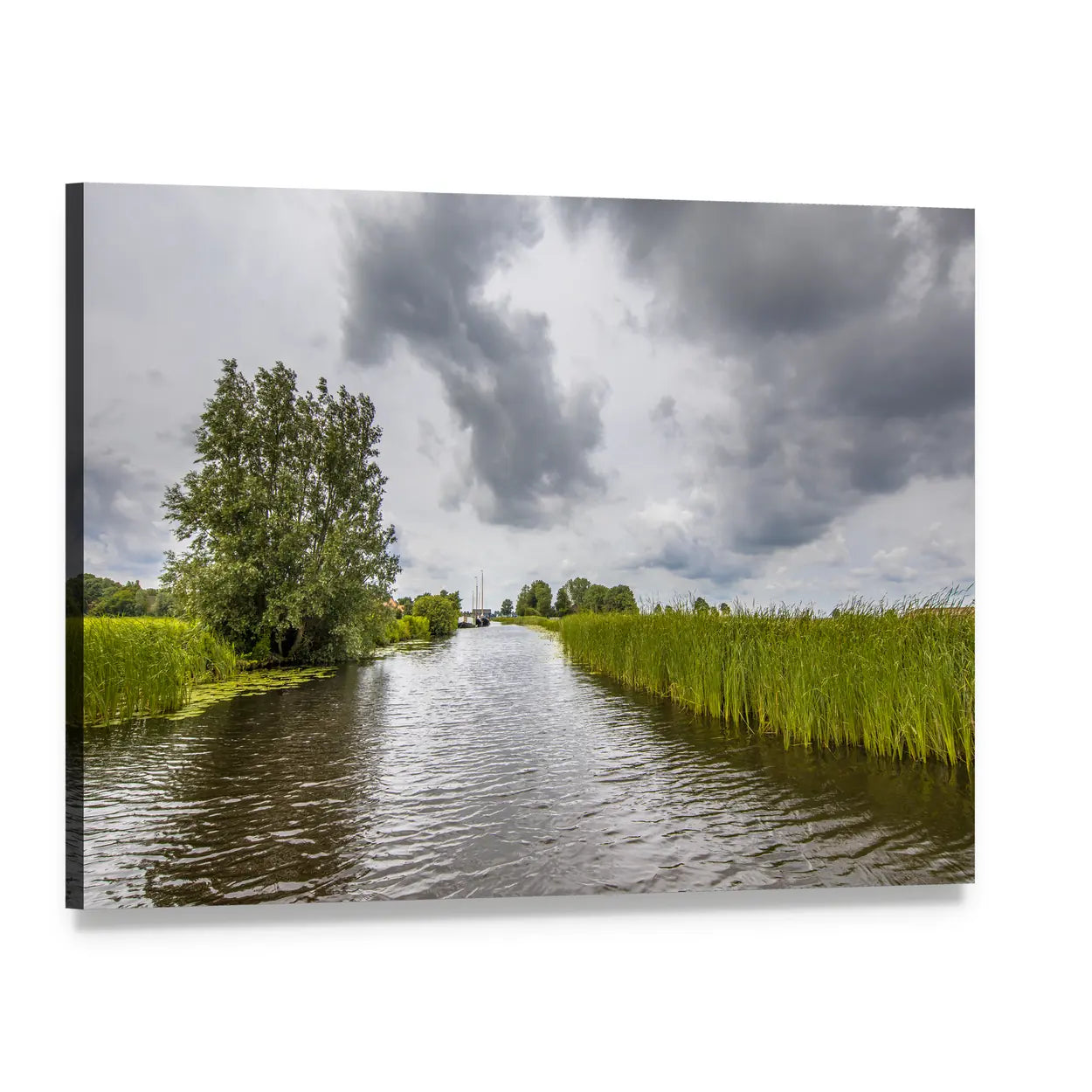 Canal Banks with Reeds and Sailboats Canvas Wall Art, single panel gallery wrapped canvas, angled product view