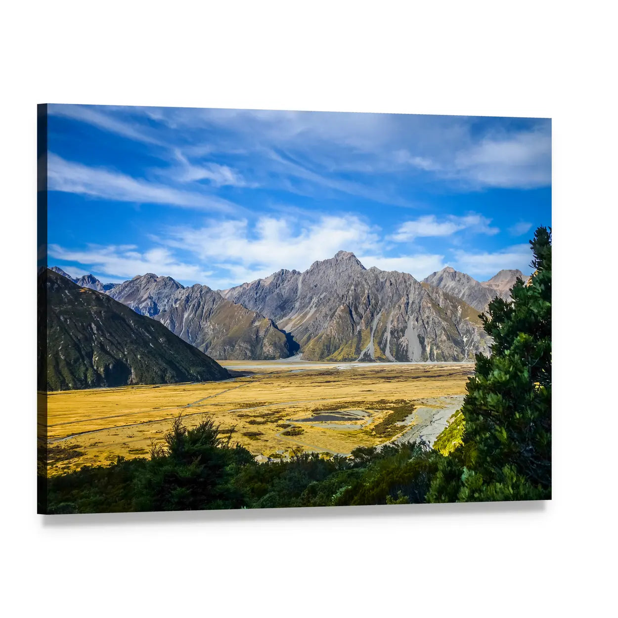 Mount Cook Grassy Valley with River Canvas Wall Art, single panel gallery wrapped canvas, angled product view
