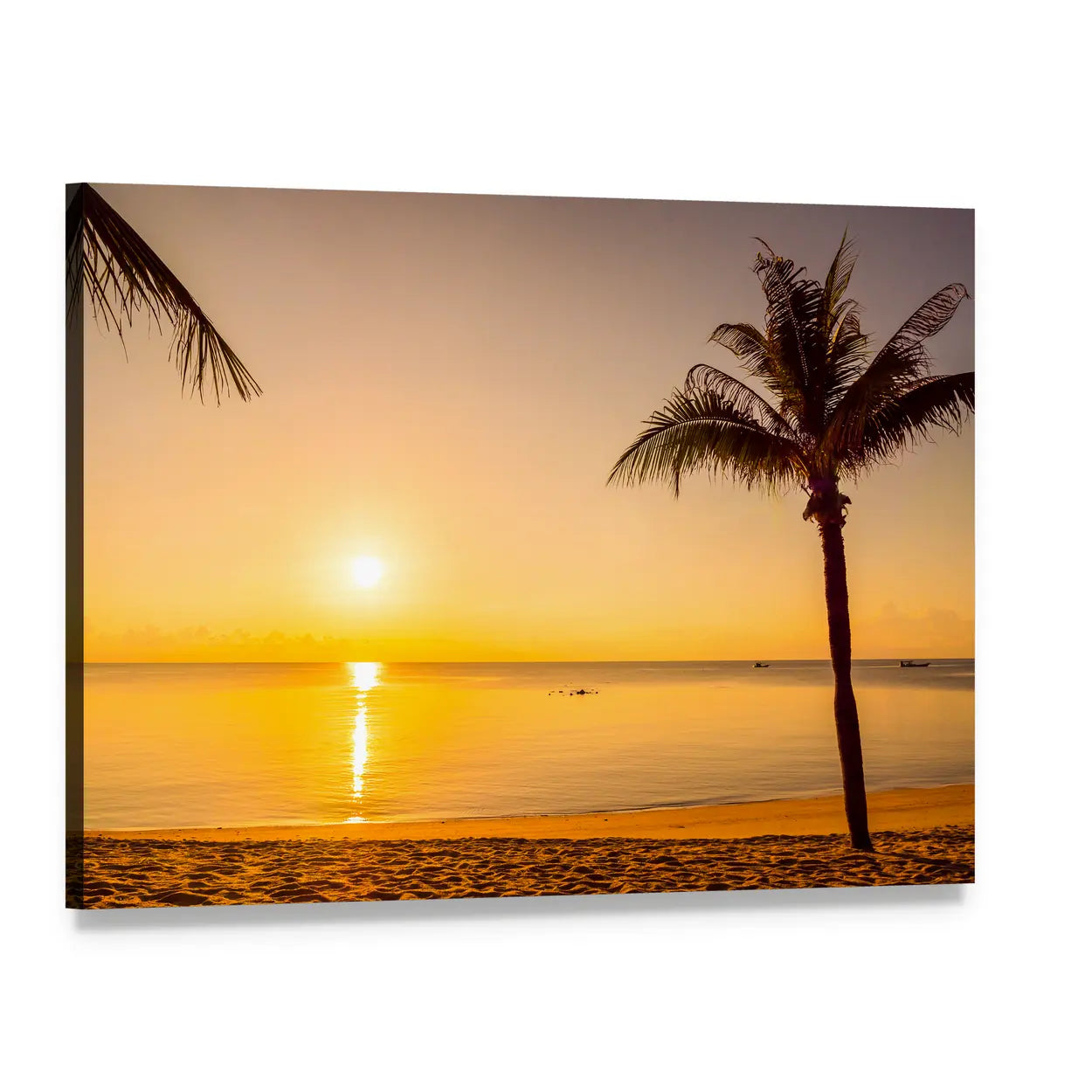 Sunrise Over Beach Canvas Wall Art, single panel gallery wrapped canvas, angled product view