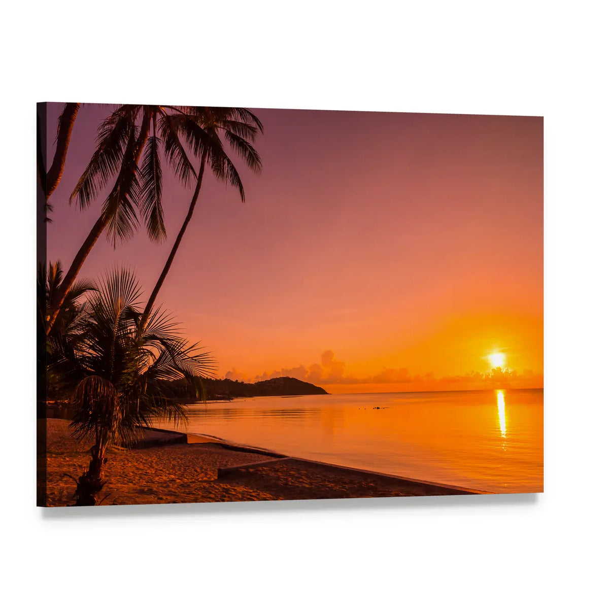 Tropical Beach Sunrise with Silhouetted Palms Canvas Wall Art, single panel gallery wrapped canvas, angled product view