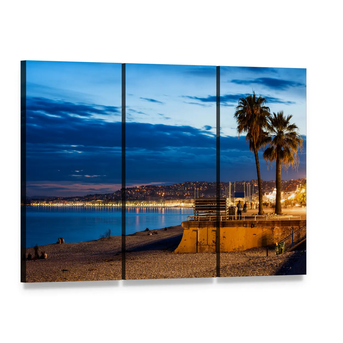 French Riviera Twilight Beach Cityscape Canvas Wall Art, 3 panel 3 Horizontal layout gallery wrapped canvas set, angled product view