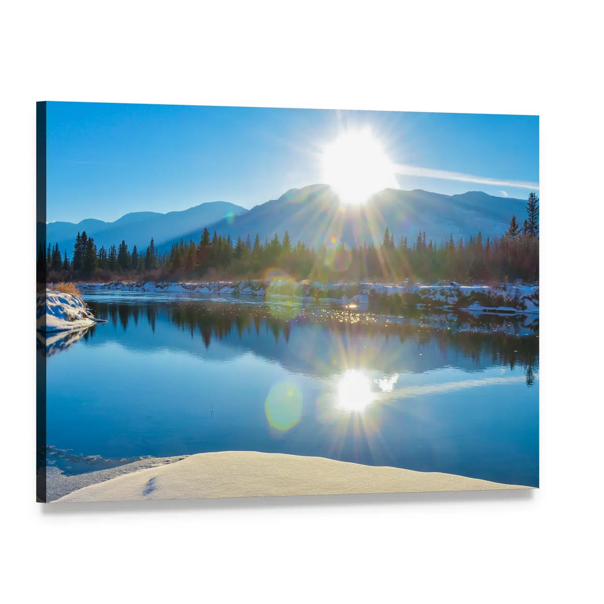 Columbia River Winter Landscape Canvas Wall Art, single panel gallery wrapped canvas, angled product view