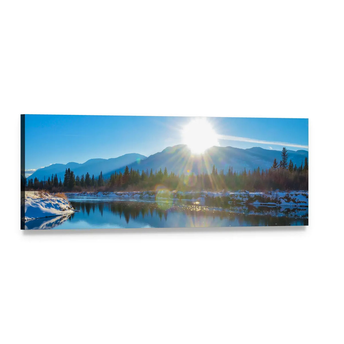 Columbia River Sunrise with Snow-dusted Shoreline Panoramic Canvas Wall Art, single panel gallery wrapped canvas, angled product view