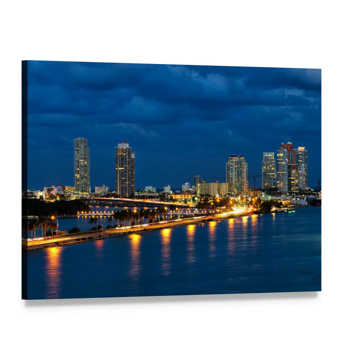 Miami Night Skyline Canvas Wall Art, single panel gallery wrapped canvas, angled product view