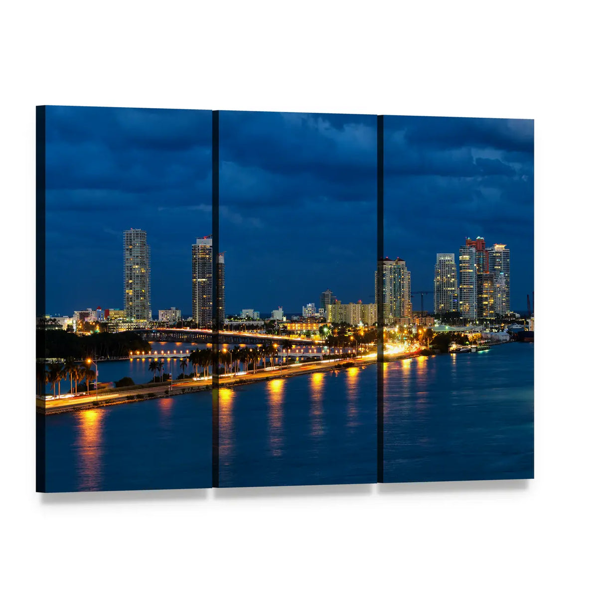 Miami Night Skyline Over Waterfront Canvas Wall Art, 3 panel 3 Horizontal layout gallery wrapped canvas set, angled product view