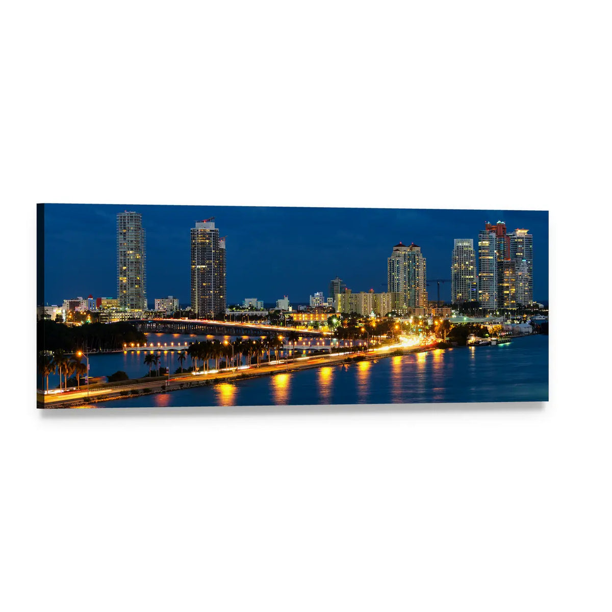 Night Skyline Over Miami Waterfront Panoramic Canvas Wall Art, single panel gallery wrapped canvas, angled product view