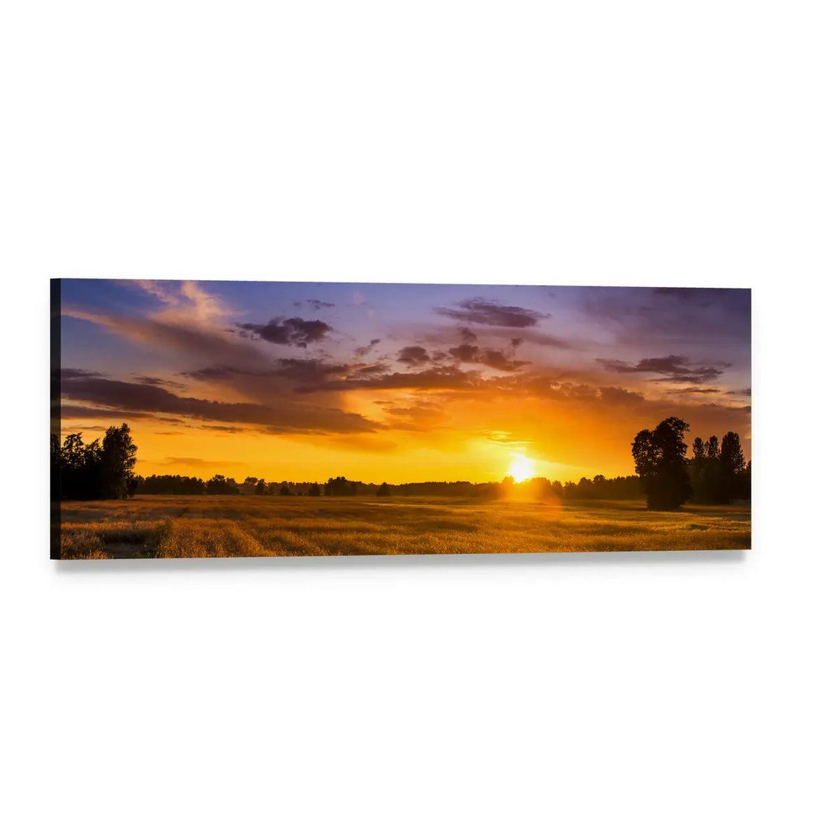 Summer Sunset Over Fields Panoramic Canvas Wall Art, single panel gallery wrapped canvas, angled product view