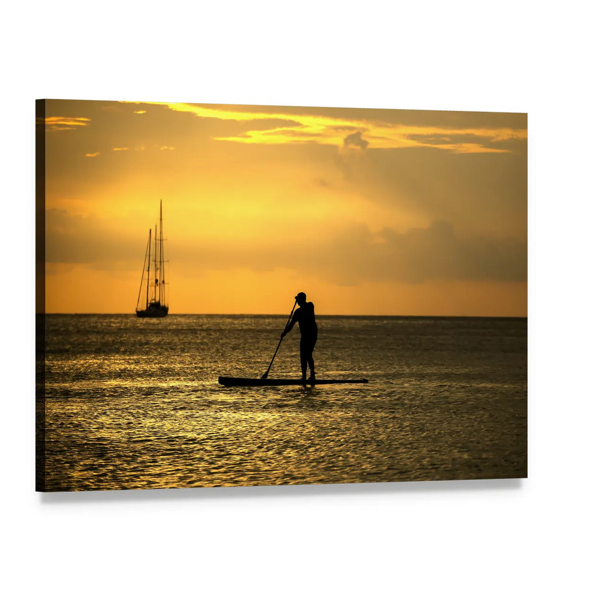 Paddleboarder and Sailboat at Sunset Canvas Wall Art, single panel gallery wrapped canvas, angled product view