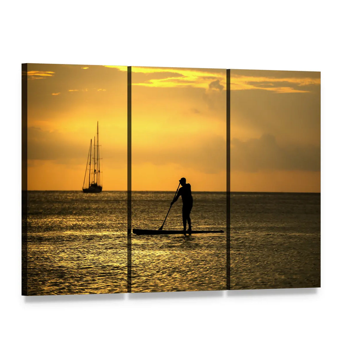 Paddleboarder and Sailboat at Sunset Canvas Wall Art, 3 panel 3 Horizontal layout gallery wrapped canvas set, angled product view