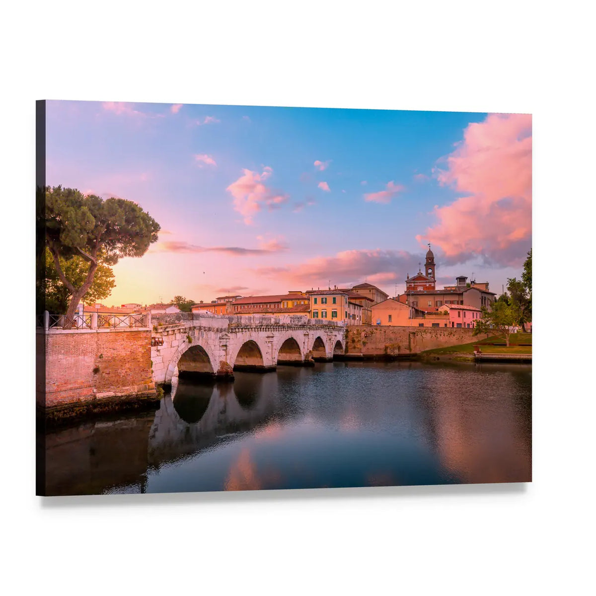 Arched Bridge Reflecting at Sunset Canvas Wall Art, single panel gallery wrapped canvas, angled product view