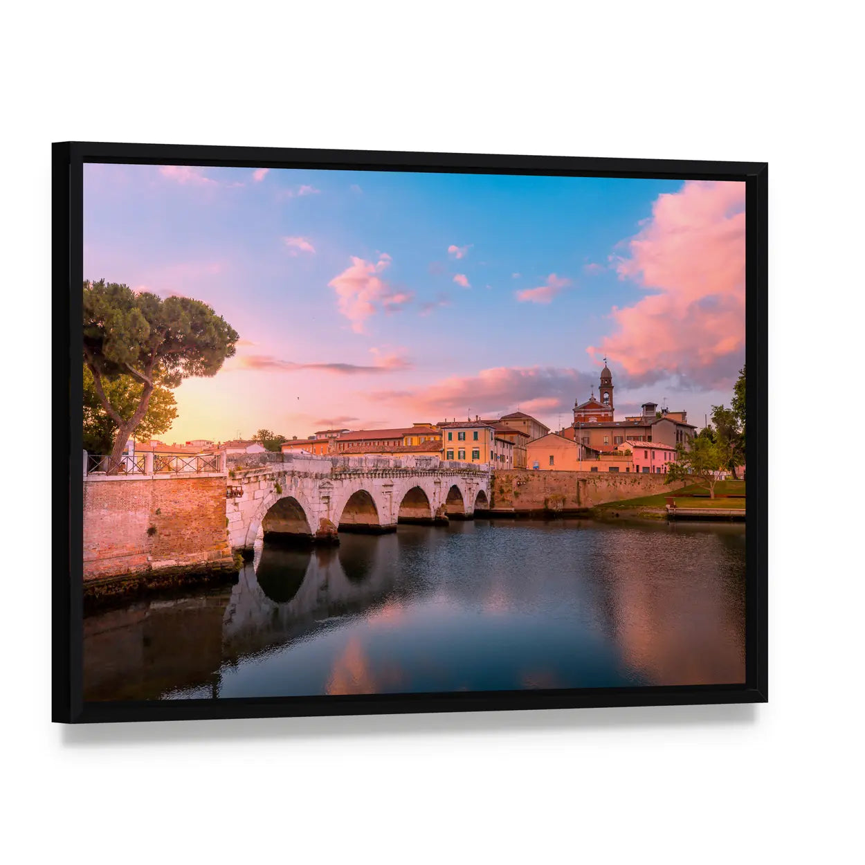 Arched Bridge Reflecting at Sunset Canvas Wall Art, framed canvas in a black floater frame, angled product view