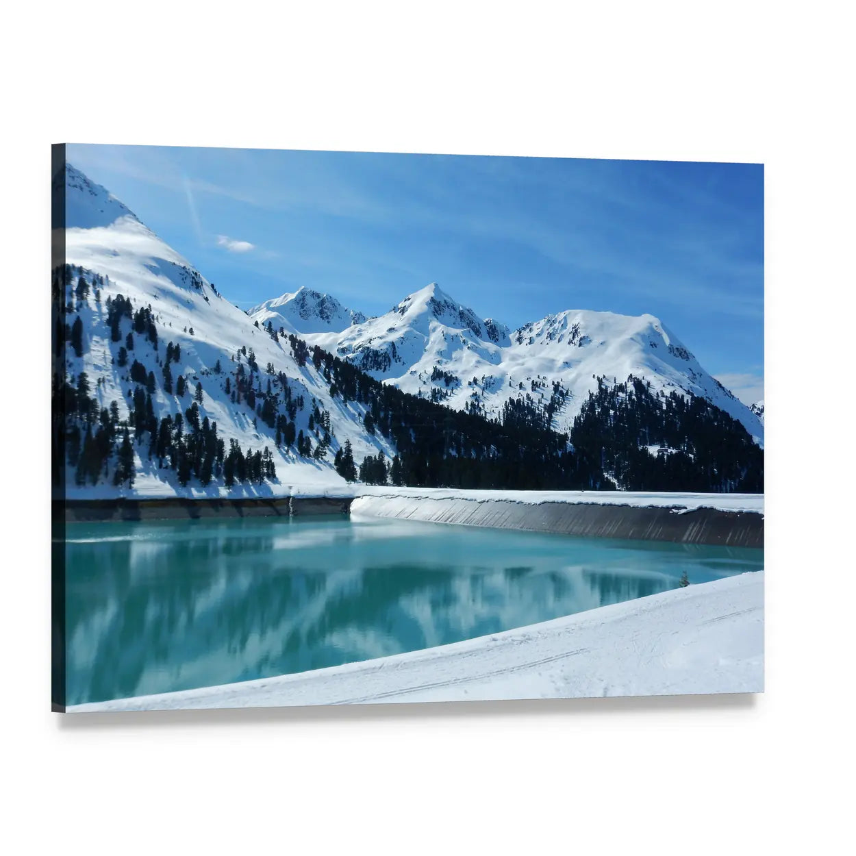 Kuhtai Dam Reservoir with Snowy Mountains Canvas Wall Art, single panel gallery wrapped canvas, angled product view