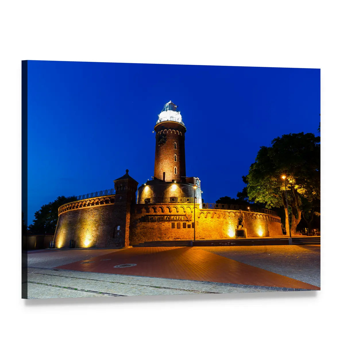 Kolobrzeg Lighthouse at Night Canvas Wall Art, single panel gallery wrapped canvas, angled product view