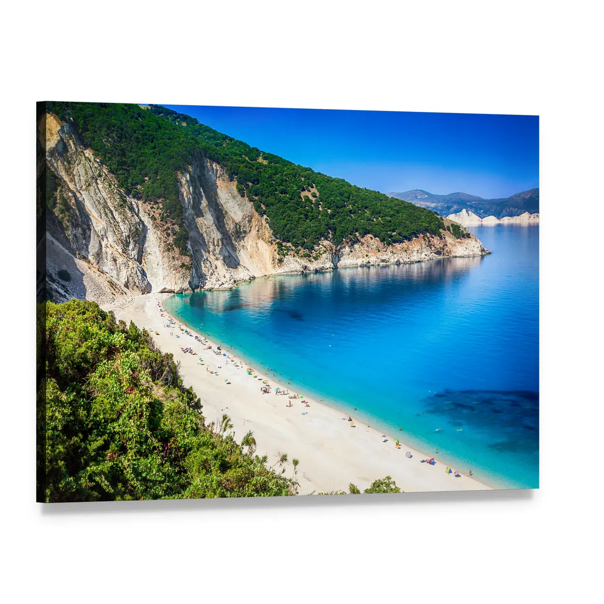 Myrtos Beach Cliff and Turquoise Sea Canvas Wall Art, single panel gallery wrapped canvas, angled product view