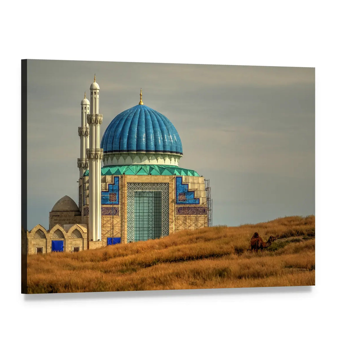 Turkistan Mosque with Blue Dome Canvas Wall Art, single panel gallery wrapped canvas, angled product view