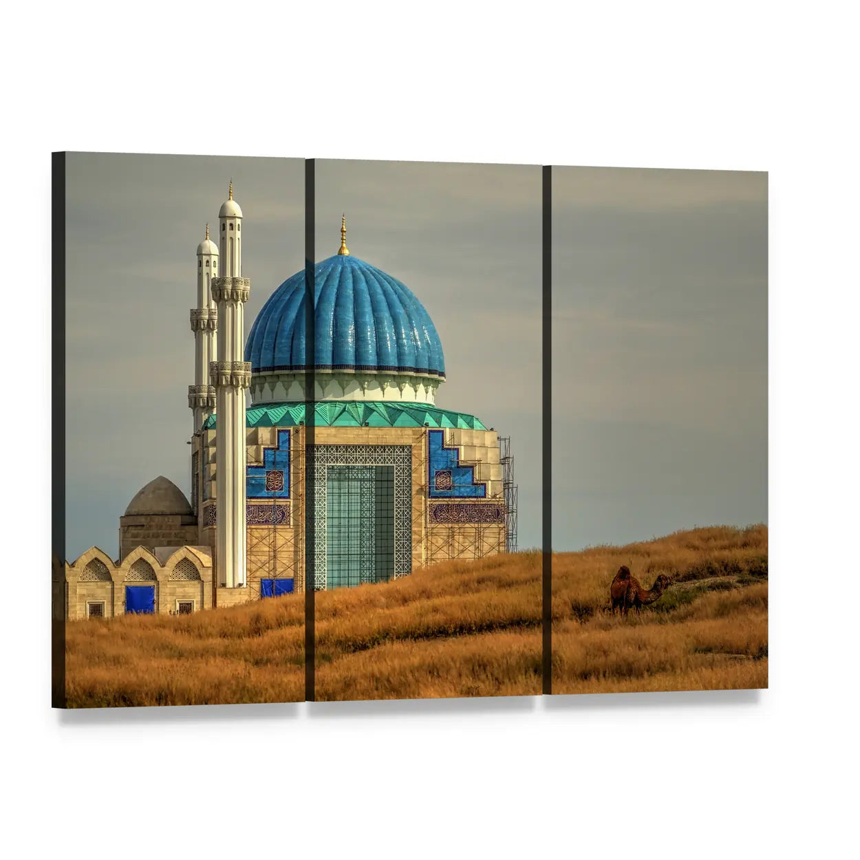 Mosque in Turkistan Canvas Wall Art, 3 panel 3 Horizontal layout gallery wrapped canvas set, angled product view
