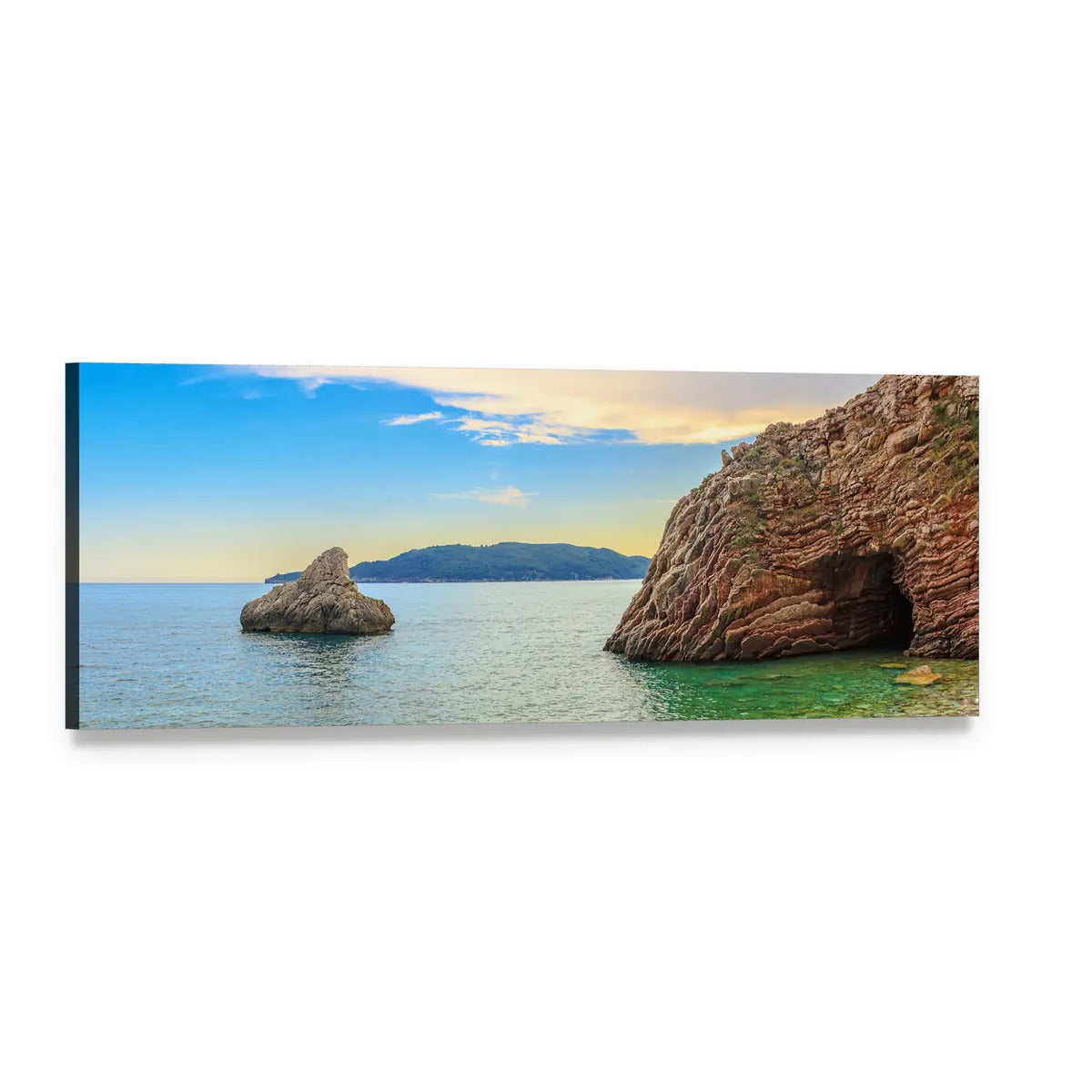 Adriatic Coast Cliffside Seascape Panoramic Canvas Wall Art, single panel gallery wrapped canvas, angled product view