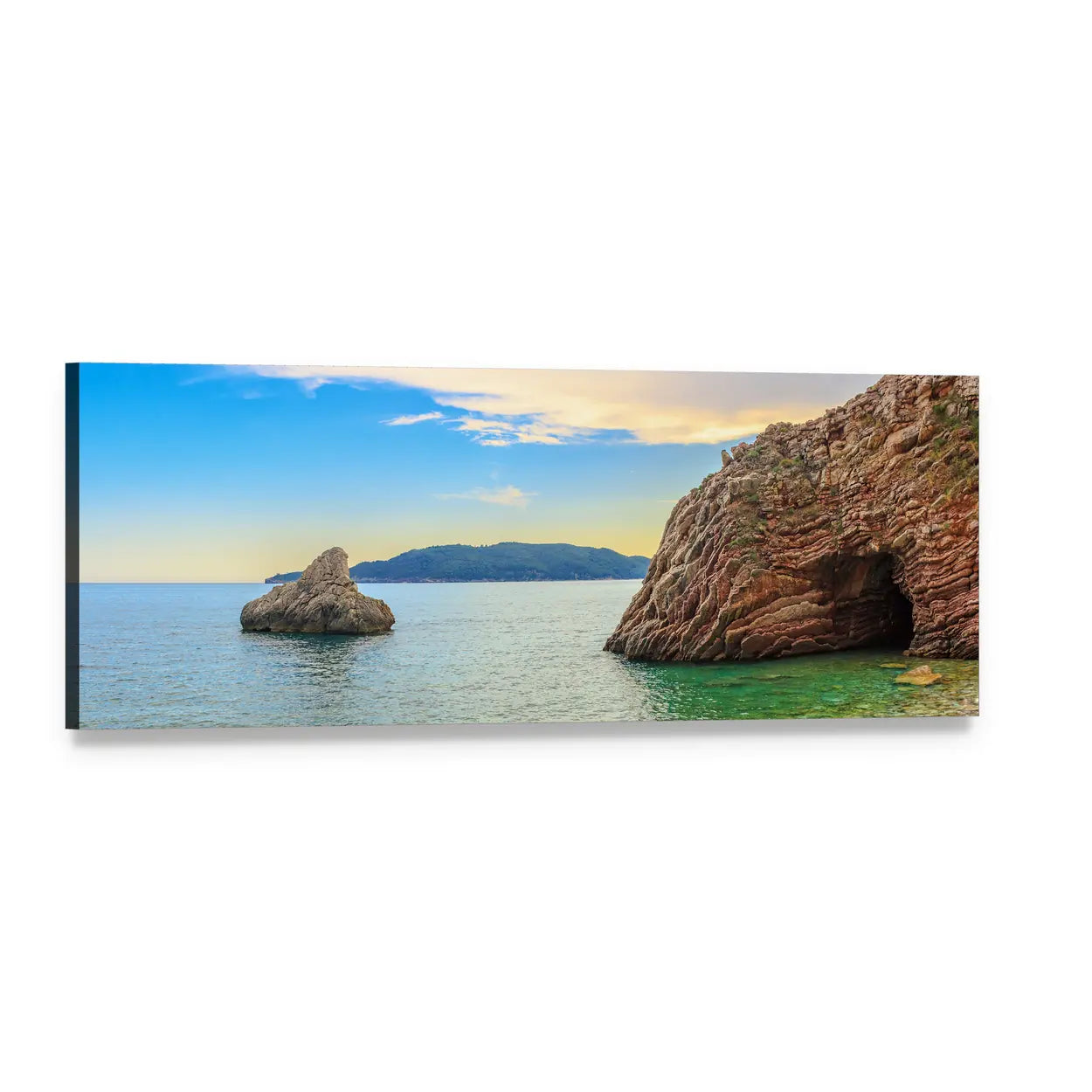 Adriatic Coast Cliffside Seascape Panoramic Canvas Wall Art, single panel gallery wrapped canvas, angled product view