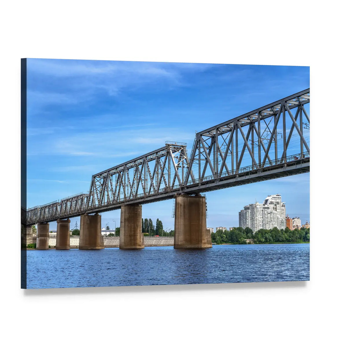 Railway Truss Bridge Over River Canvas Wall Art, single panel gallery wrapped canvas, angled product view