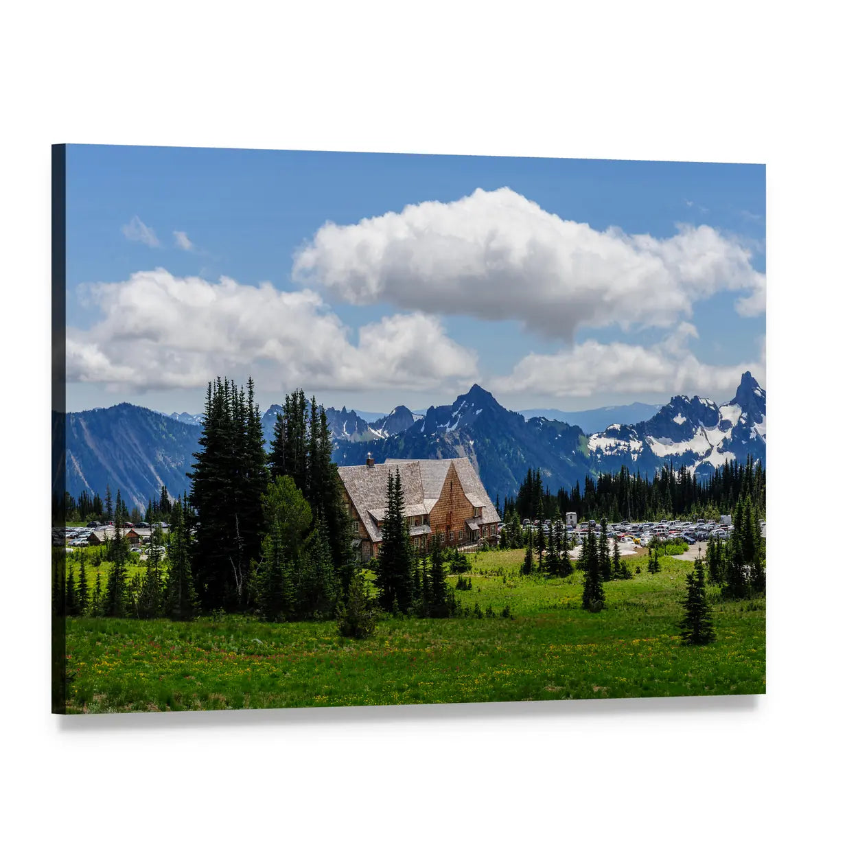 Mount Rainier Summer Landscape Canvas Wall Art, single panel gallery wrapped canvas, angled product view