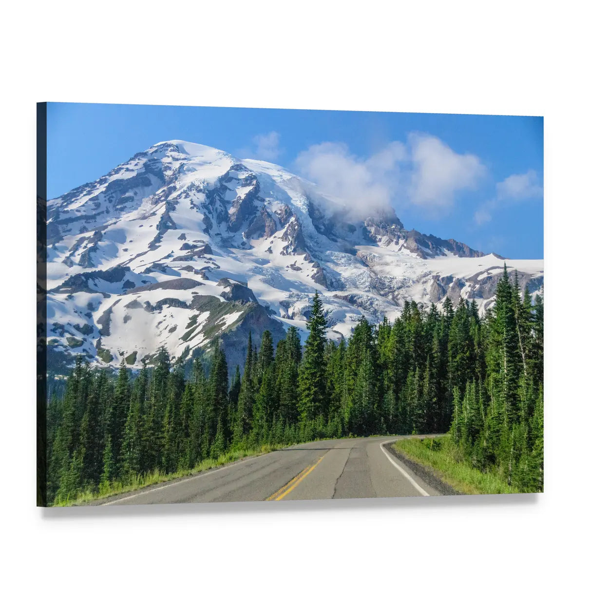 Mount Rainier Road Landscape Canvas Wall Art, single panel gallery wrapped canvas, angled product view