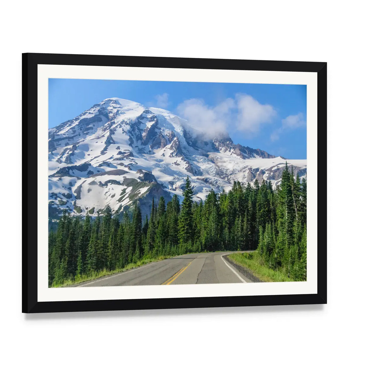 Mount Rainier Road Landscape Canvas Wall Art, framed print with white mat and black frame, angled product view