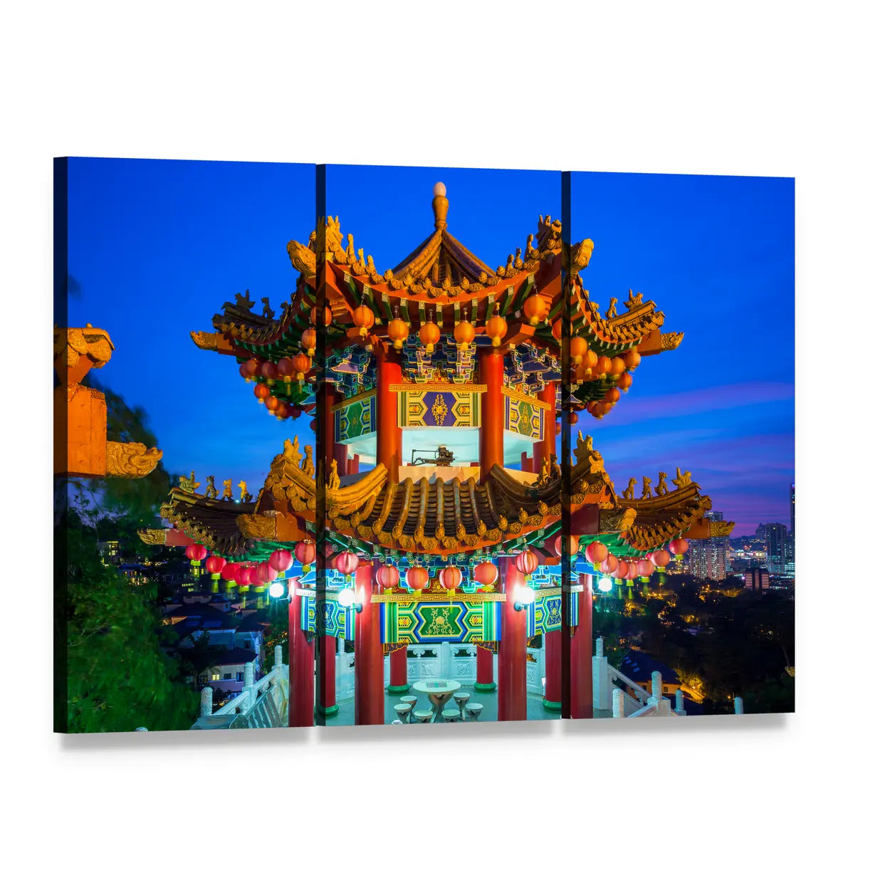 Thean Hou Temple at Twilight Canvas Wall Art, 3 panel 3 Horizontal layout gallery wrapped canvas set, angled product view