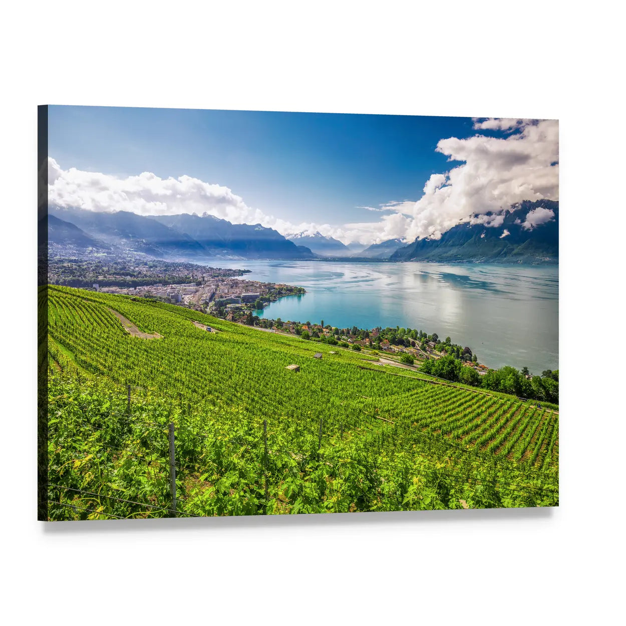 Montreux and the Swiss Alps Canvas Wall Art, single panel gallery wrapped canvas, angled product view