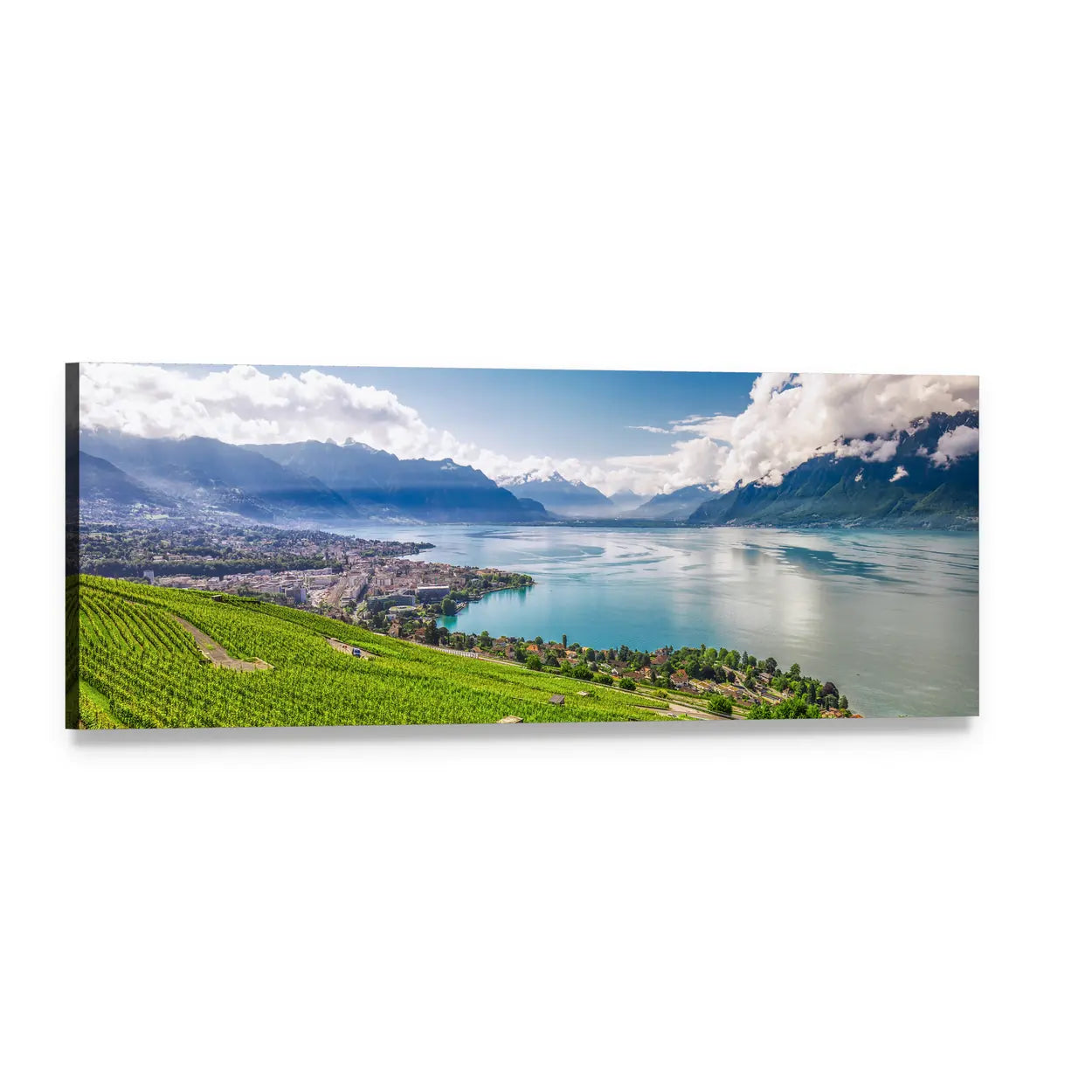 Montreux and the Swiss Alps Cityscape Panoramic Canvas Wall Art, single panel gallery wrapped canvas, angled product view