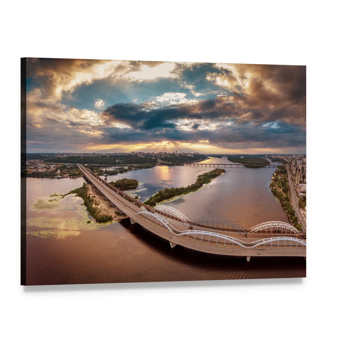 Arched Bridge at Sunset Over River Canvas Wall Art, single panel gallery wrapped canvas, angled product view