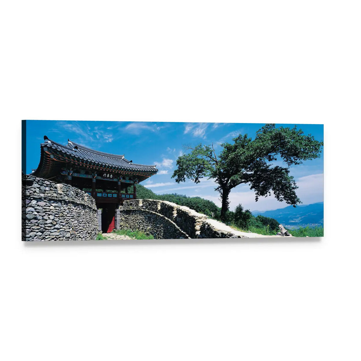 Korean Temple with Stone Fortress Panoramic Canvas Wall Art, single panel gallery wrapped canvas, angled product view