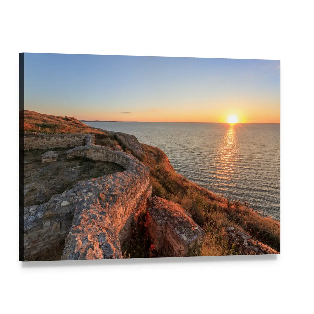 Roman Coastal Ruins at Sunrise Canvas Wall Art, single panel gallery wrapped canvas, angled product view