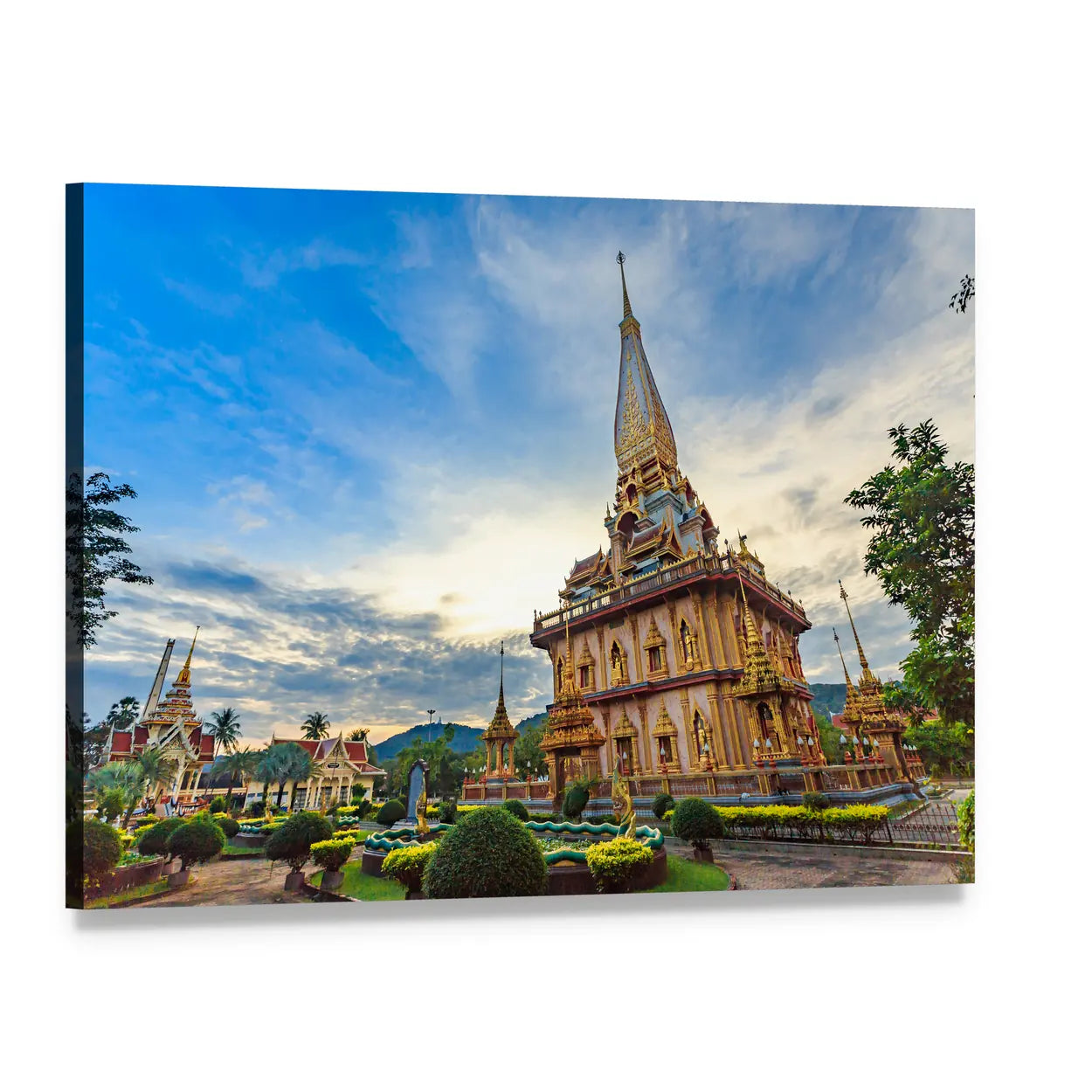 Chalong Temple with Golden Spire Canvas Wall Art, single panel gallery wrapped canvas, angled product view