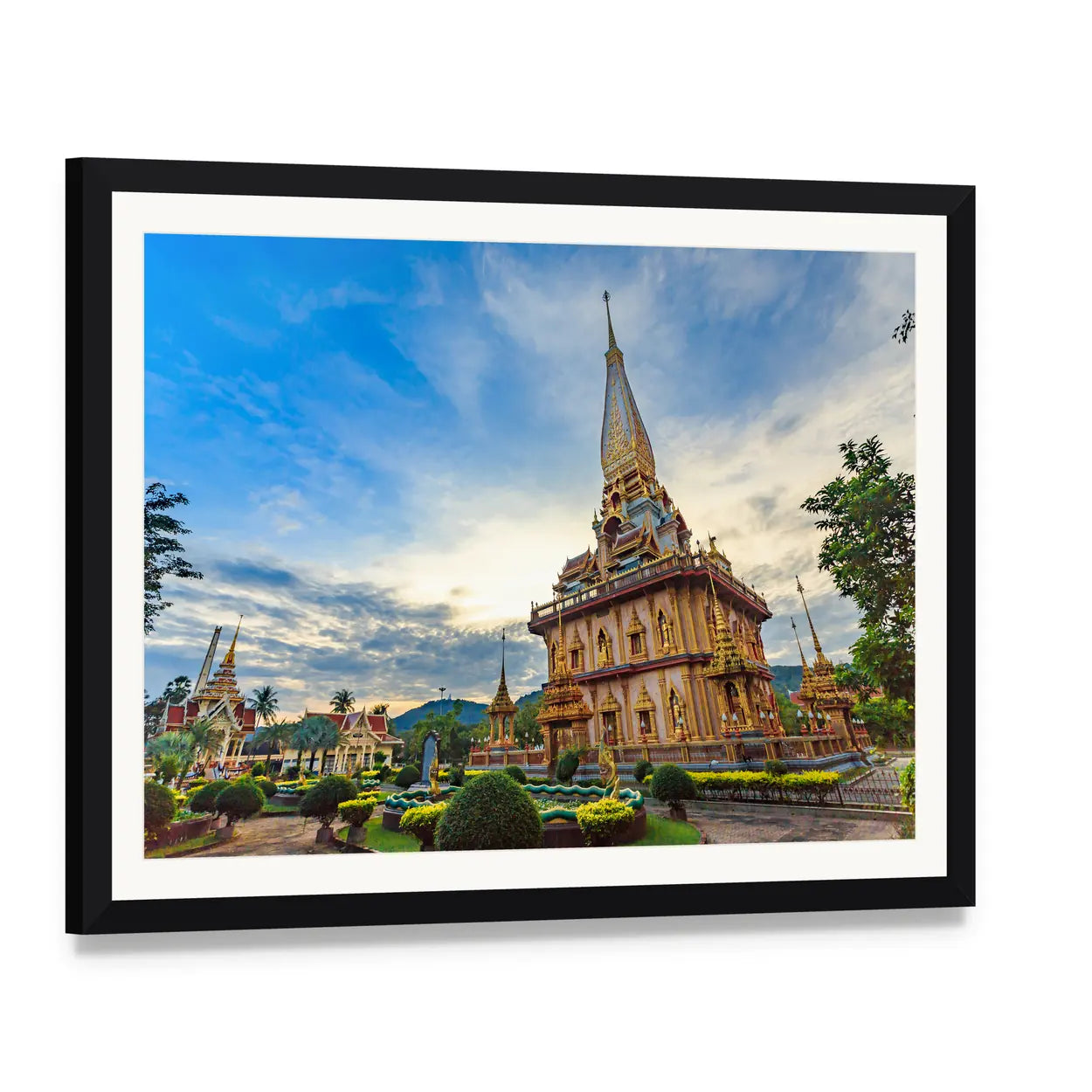 Chalong Temple with Golden Spire Canvas Wall Art, framed print with white mat and black frame, angled product view