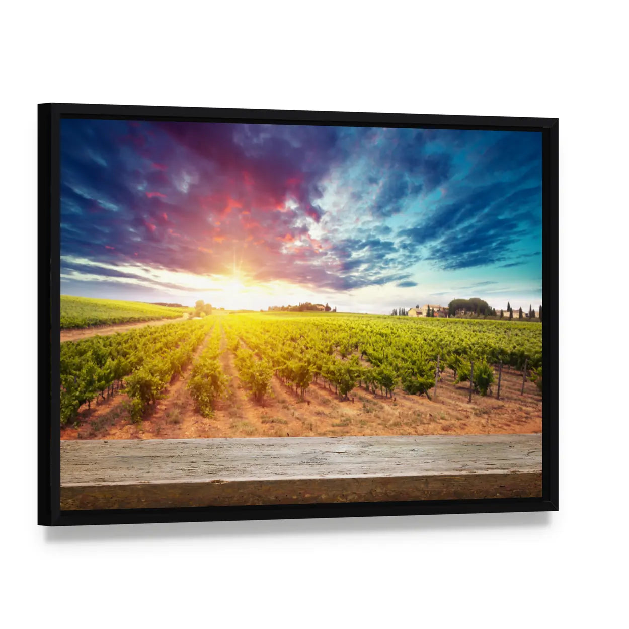 Tuscan Field at Sunset Canvas Wall Art, framed canvas in a black floater frame, angled product view