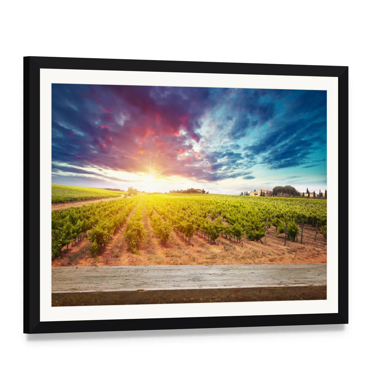 Tuscan Field at Sunset Canvas Wall Art, framed print with white mat and black frame, angled product view