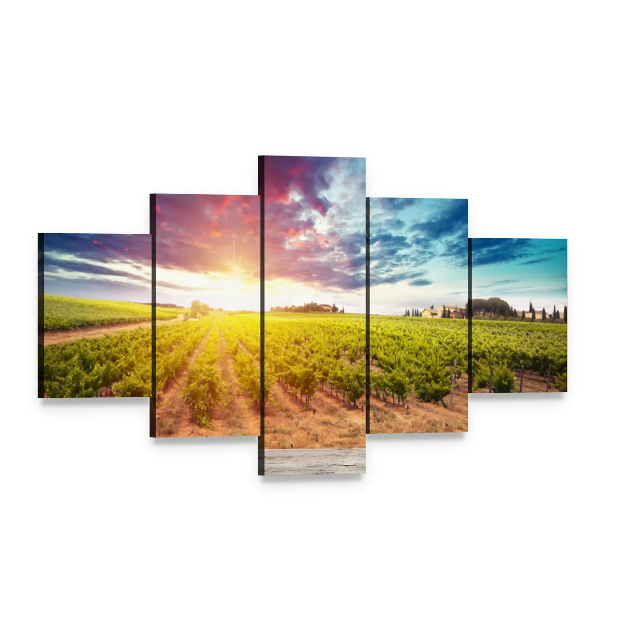 Tuscan Field at Sunset Canvas Wall Art, 5 panel 5 Star layout gallery wrapped canvas set, angled product view