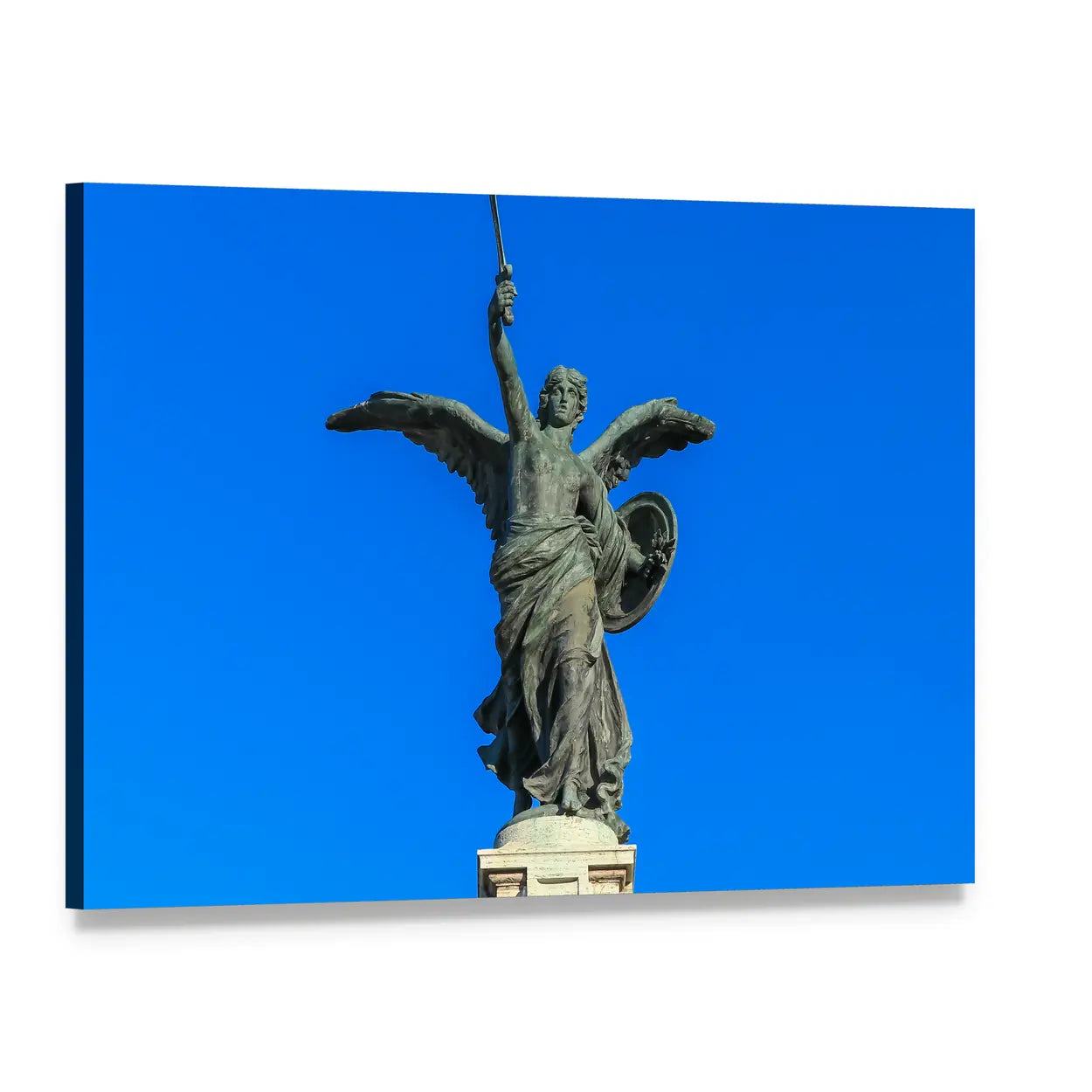 Angel Statue with Sword and Shield Canvas Wall Art, single panel gallery wrapped canvas, angled product view