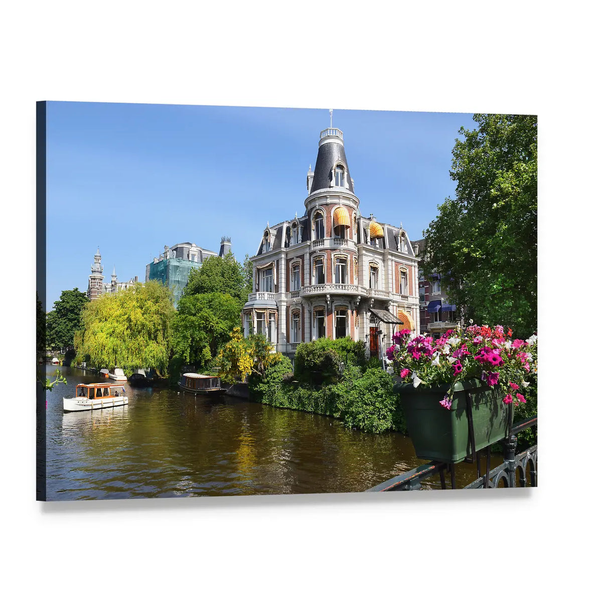 Amsterdam Canal with Boats and Flowers Canvas Wall Art, single panel gallery wrapped canvas, angled product view