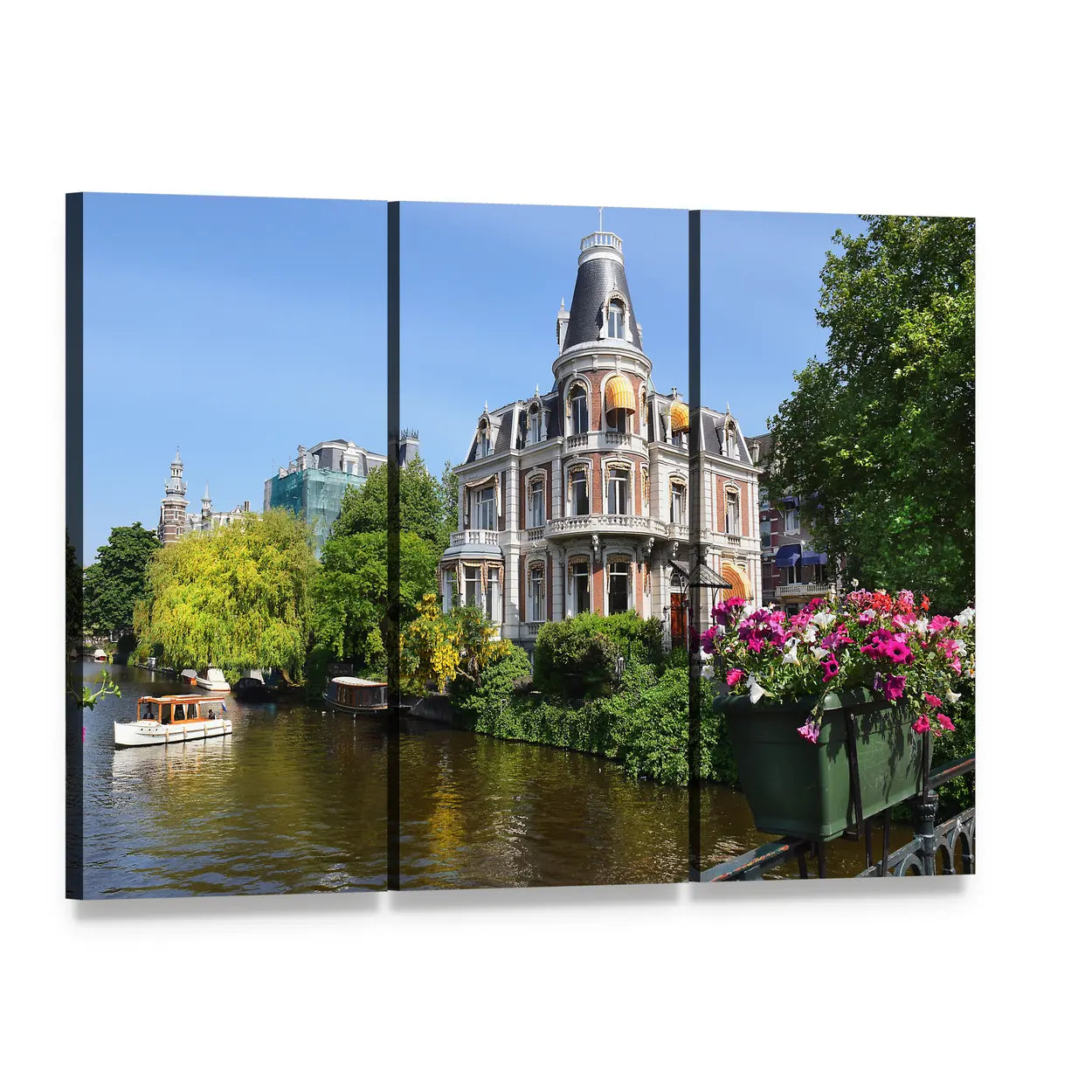 Amsterdam Canal with Boats and Flowers Canvas Wall Art, 3 panel 3 Horizontal layout gallery wrapped canvas set, angled product view