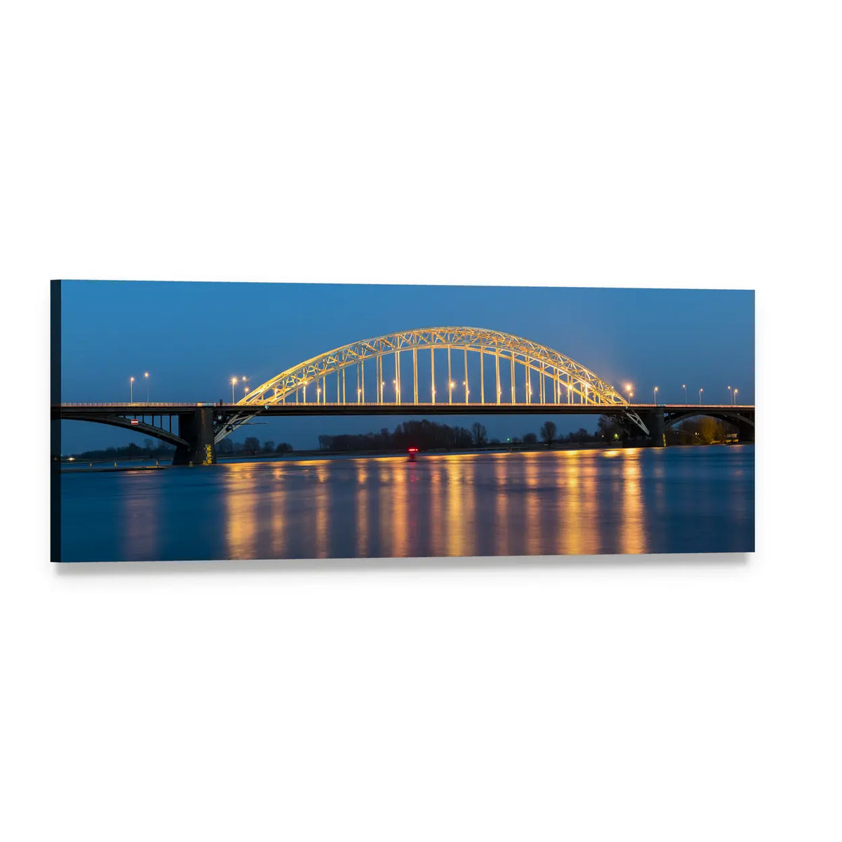 Waal Bridge at Nijmegen Night Reflections Panoramic Canvas Wall Art, single panel gallery wrapped canvas, angled product view