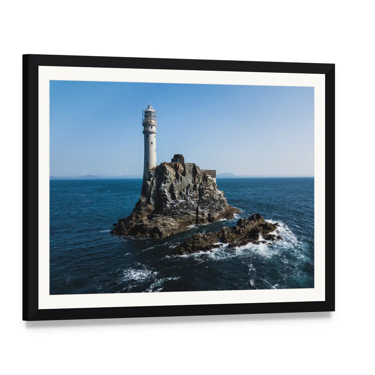 Fastnet Lighthouse Canvas Wall Art, framed print with white mat and black frame, angled product view