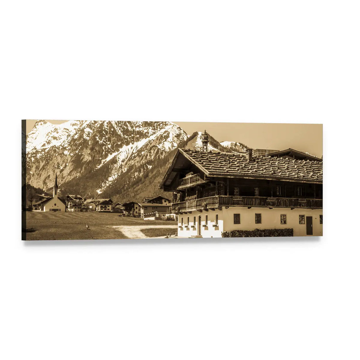 Sepia Alpine Village with Chalet Panoramic Canvas Wall Art, single panel gallery wrapped canvas, angled product view