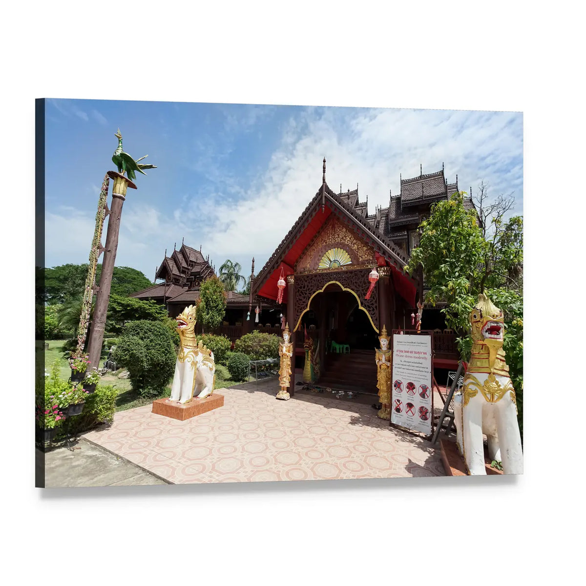 Nantaram Temple with Lion Statues Canvas Wall Art, single panel gallery wrapped canvas, angled product view